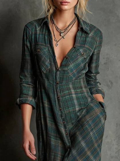Hazel Blue™ | Plaid Long Sleeve Maxi Dress