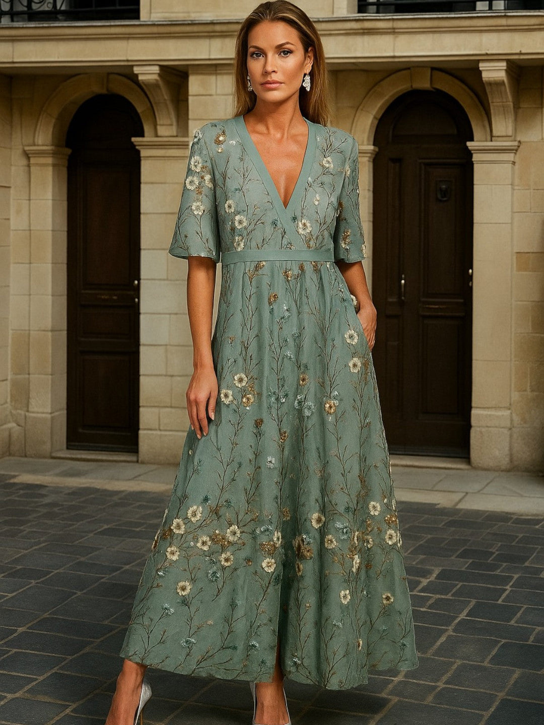 Hayley ┃ Elegant V-Neck Belted Boho Dress